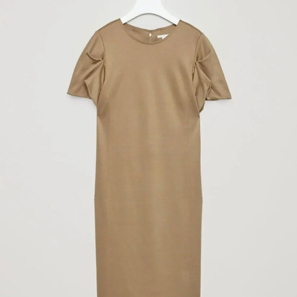 COS Tan Sheath Short Puff Sleeve Midi Dress - Picture 3 of 8